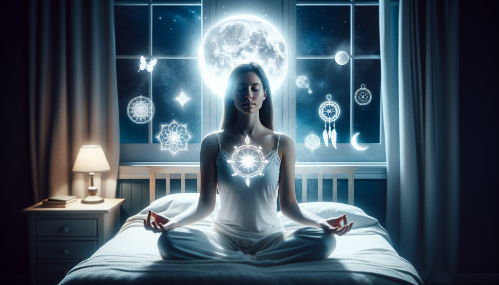 Serene bedroom at night, moonlight streaming through window. Person meditating on bed, eyes closed, peaceful expression. Glowing dream catcher above. Soft, ethereal aura surrounds figure.