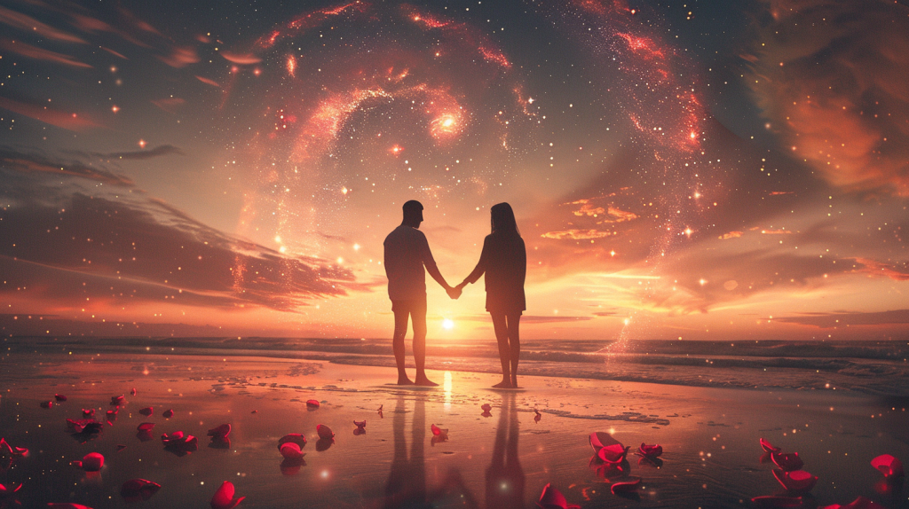 Serene couple silhouetted at sunset, holding hands on beach. Glowing aura surrounds them.