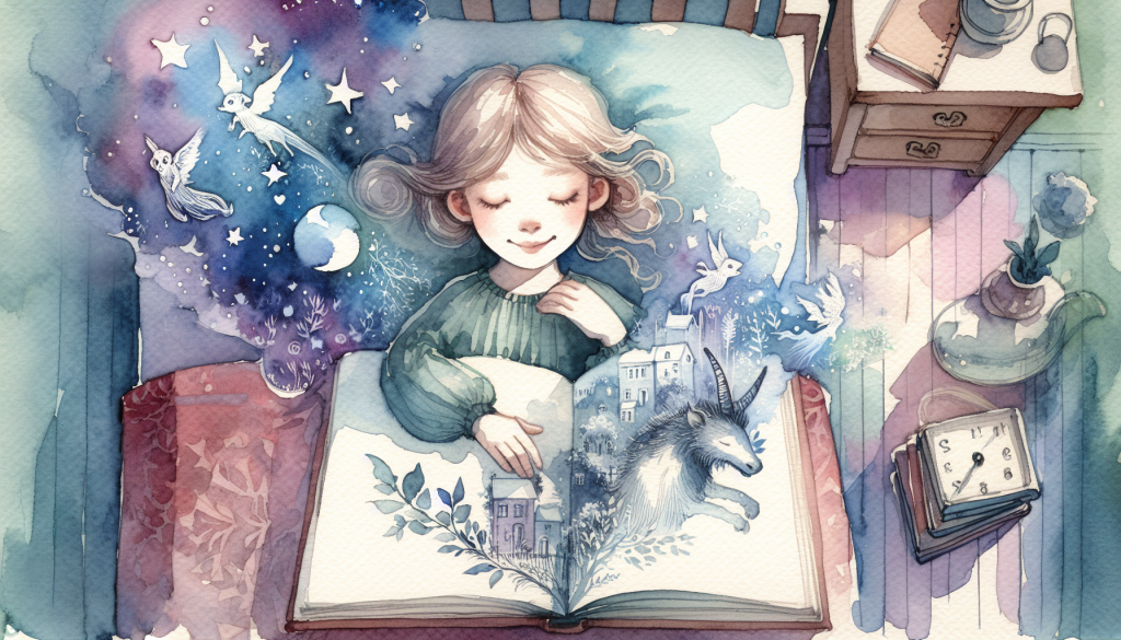 Watercolor painting of a child dreaming magical creatures emerging from storybook whimsical pose bedroom setting soft moonlight birds eye view loose brushstrokes In Style Of Lisbeth Zwerger