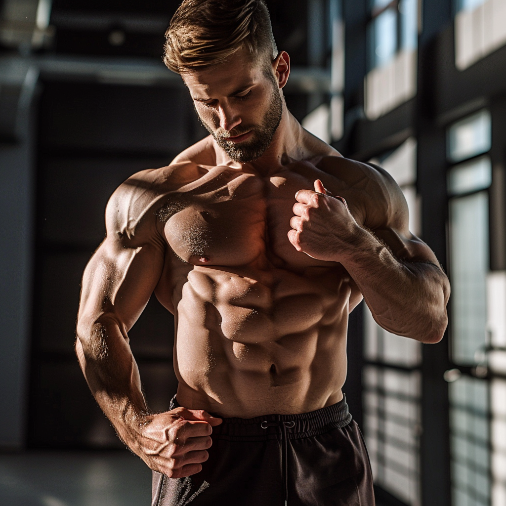 a man showing his biceps and six pack abs