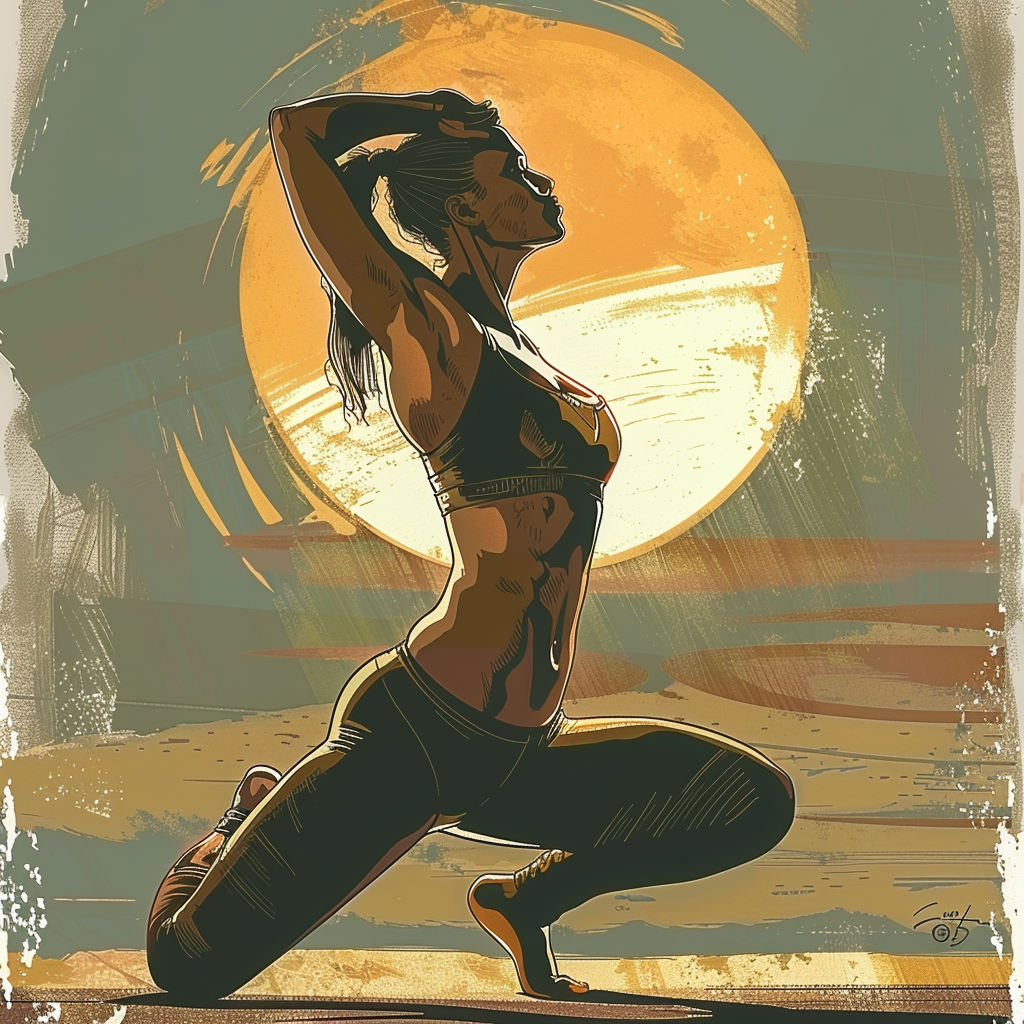 a well-toned, heavy chested woman doing surya namaskar