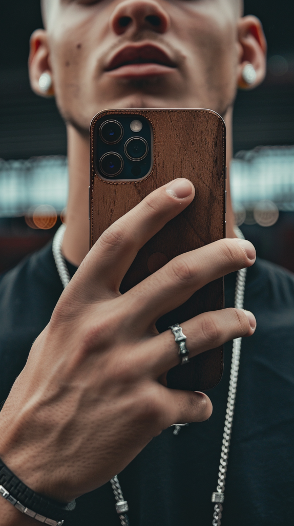 a white man holding up his iphone 15 pro max with a wooden case