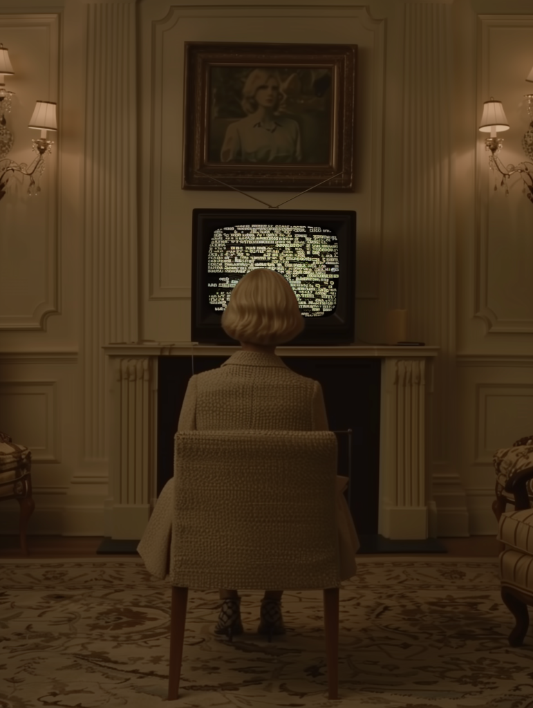 a woman with short blonde hair, illuminated by a soft light, as she interacts with an old-fashioned television displaying static.