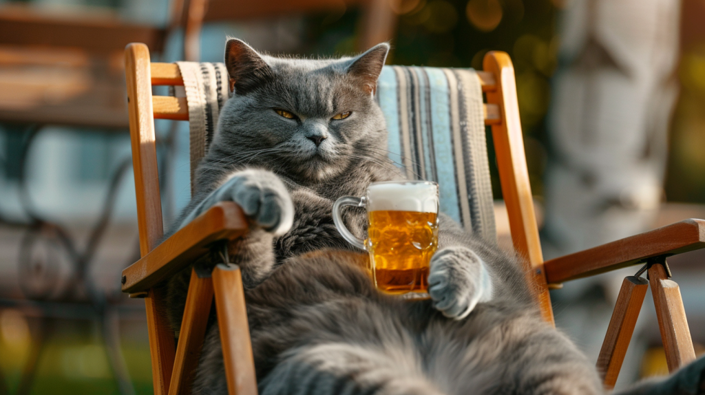 gray happy cat with a mug of beer in his paw