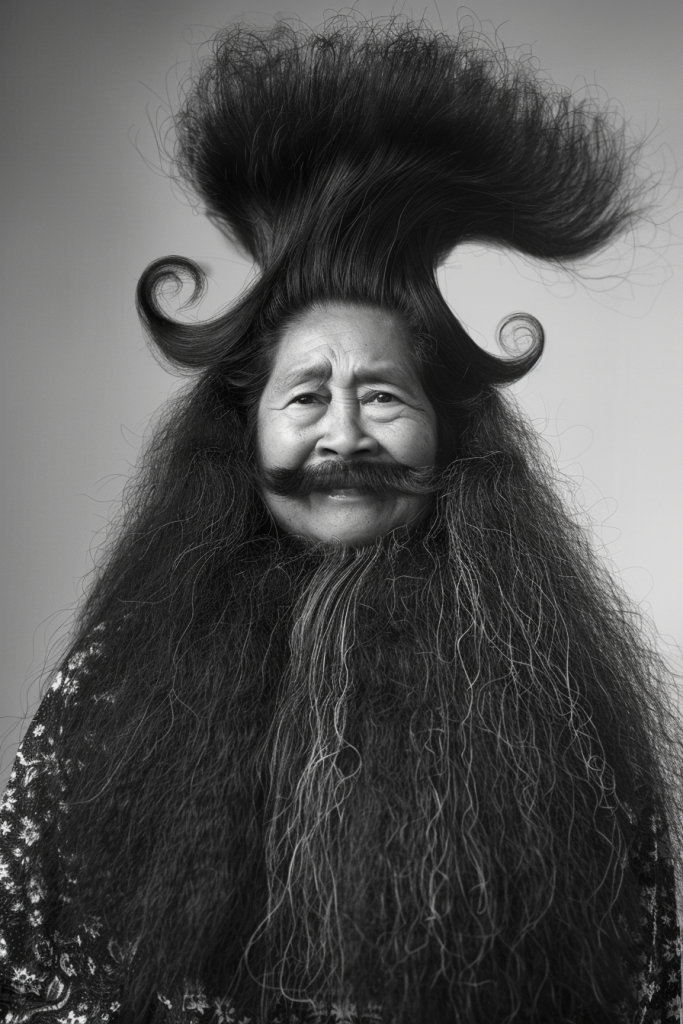 happy fat indonesian woman with absolutely huge, tall hair. she has absolutely huge, long mustache.