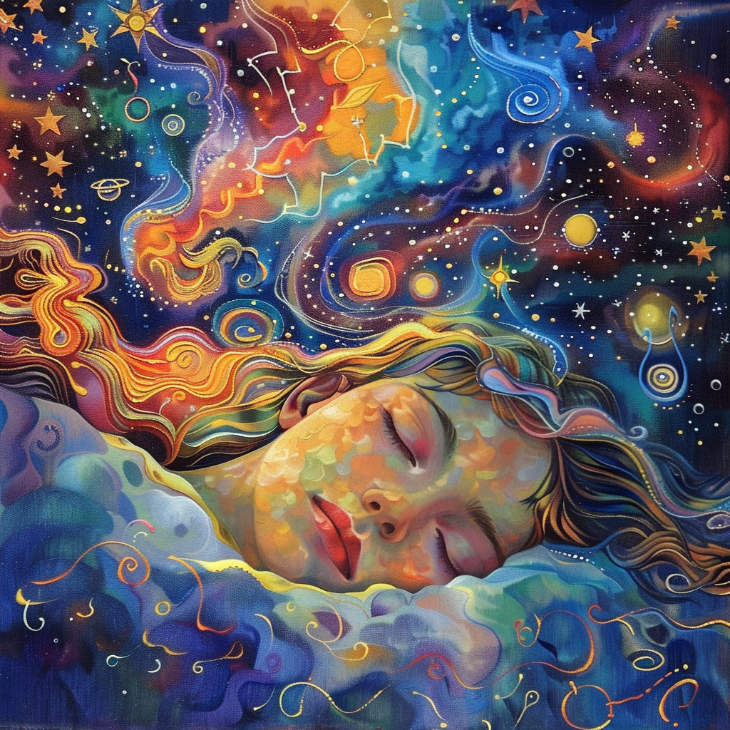 manifesting while sleeping, combining dream-like imagery with vibrant representations of desires.