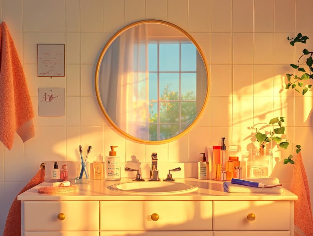 A bathroom vanity with skincare products, hair accessories, and a motivational mirror message