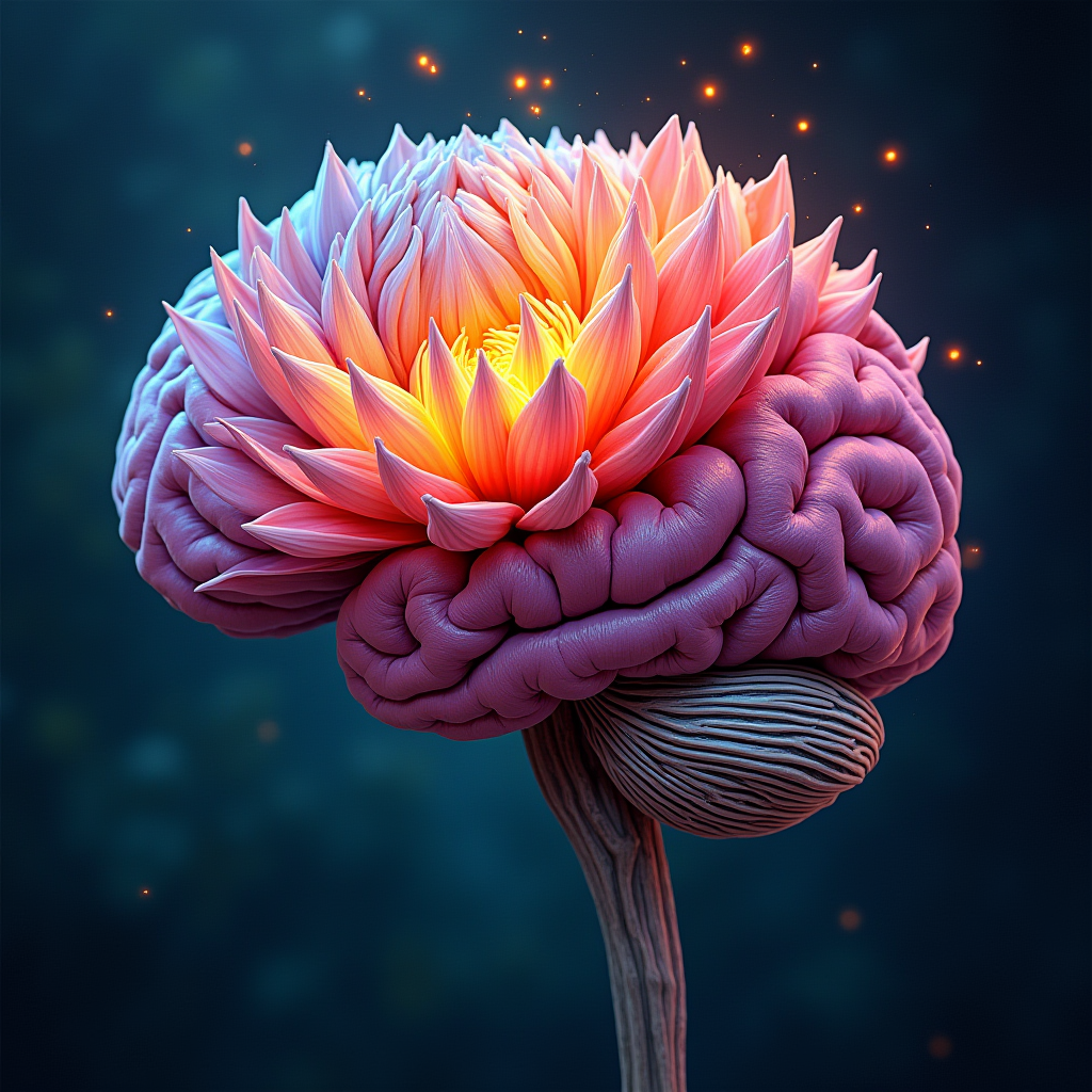 A brain transforming into a blooming flower, petals representing different mindset shifts, with vibrant colors and intricate details