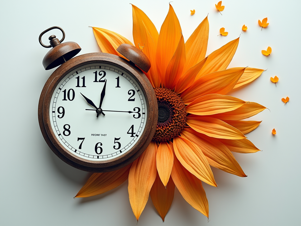 A clock face transforming into a blooming flower, with each petal representing a completed task