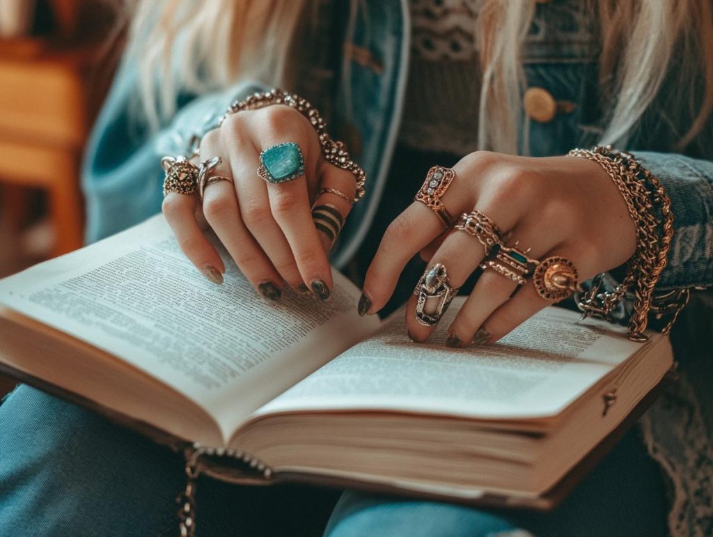 A close-up of a students hands adorned with meaningful jewelry and trinkets