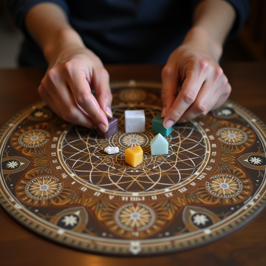 A close-up of hands arranging a intricate crystal grid on a wooden table, with sacred geometry patterns visible beneath