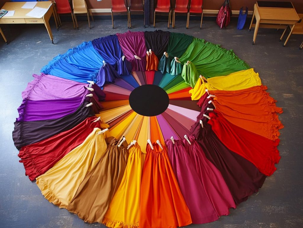 A color wheel with various outfits arranged around it, each reflecting the mood and energy