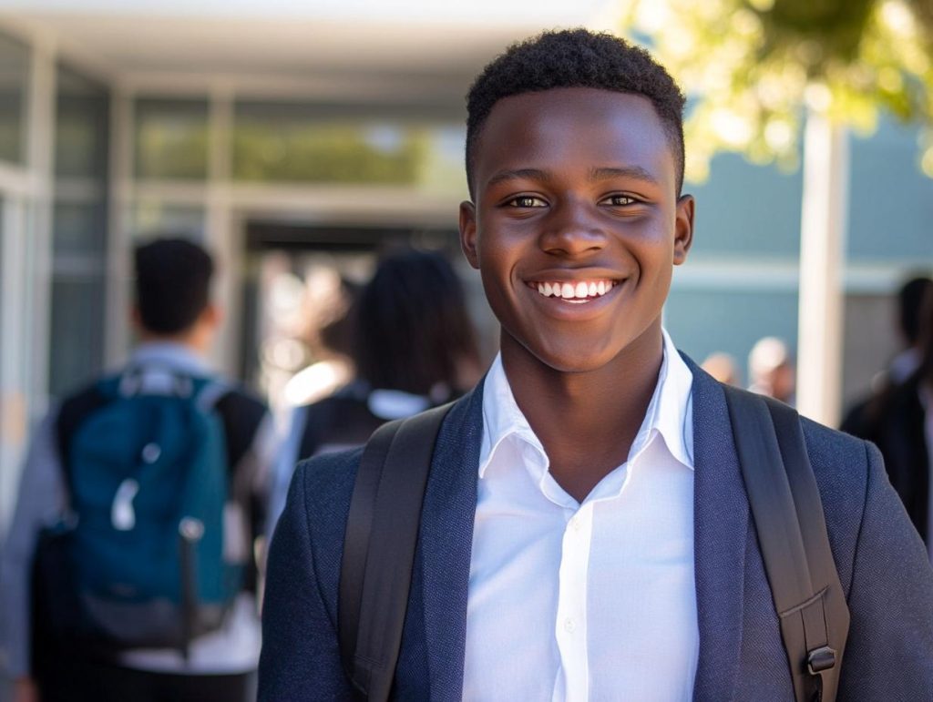 A confident student smiling in a well-fitted blazer and crisp white shirt