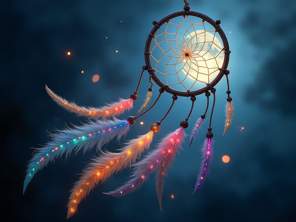 A dreamcatcher with spirit animal feathers and crystals, catching moonlight and transforming dreams