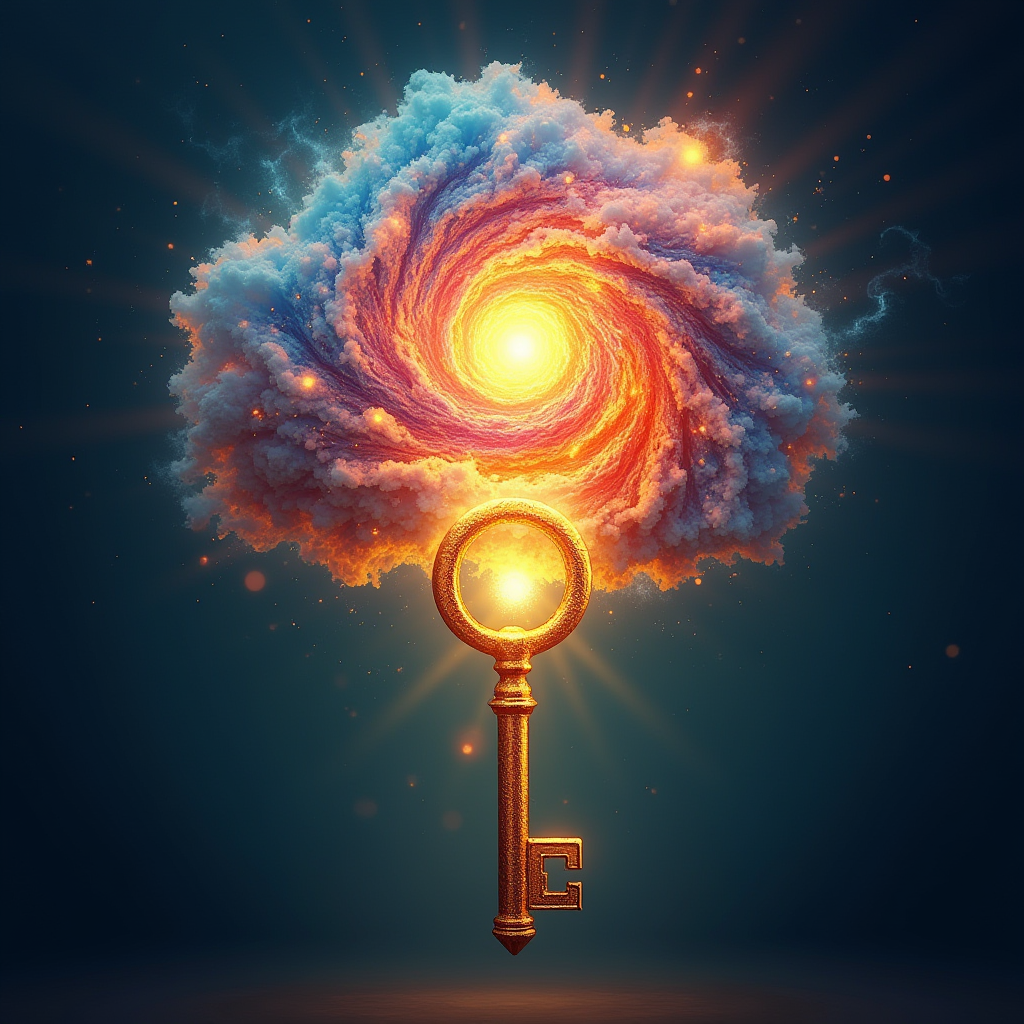 A glowing golden key unlocking a vibrant, colorful thought bubble filled with swirling images of dreams and aspirations