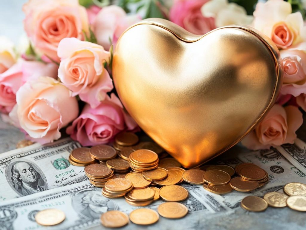 A golden heart-shaped piggy bank overflowing with coins, surrounded by blooming roses and dollar