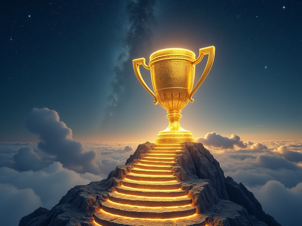 A golden trophy transforming into a staircase, leading to a shimmering mountaintop