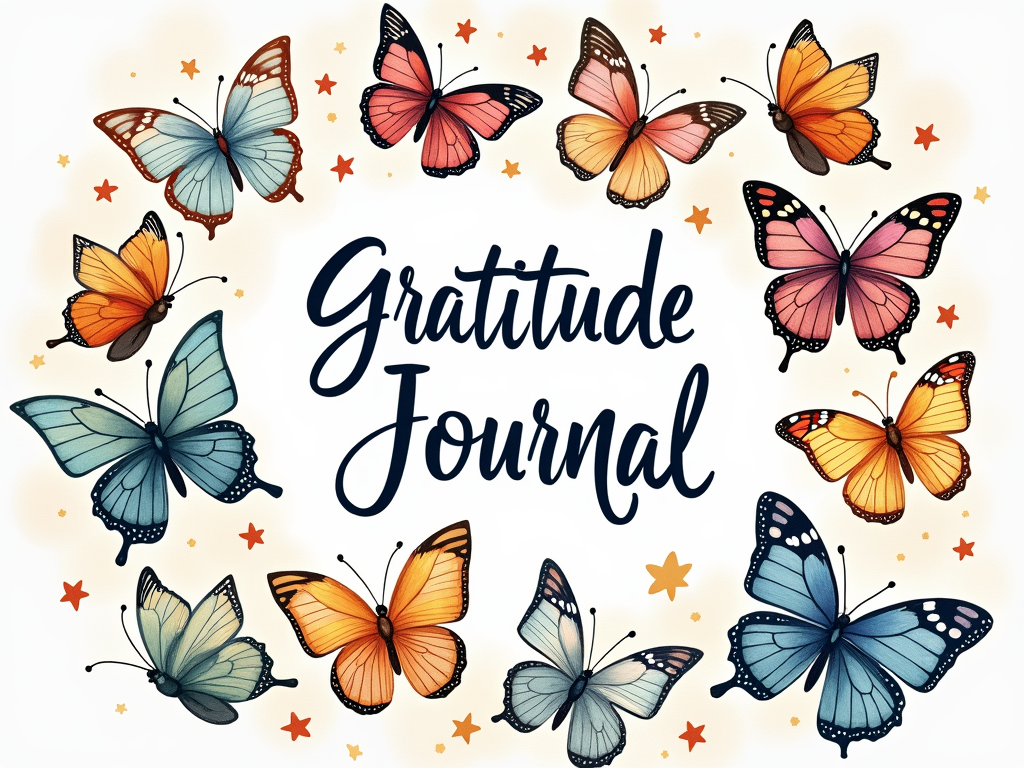 A gratitude journal surrounded by a whirlwind of colorful butterflies and positive words