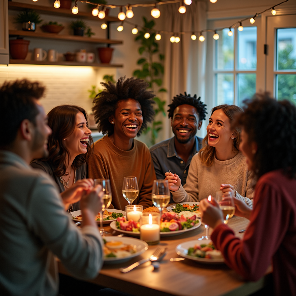 A group of diverse friends laughing and sharing a meal in a warm, inviting kitchen