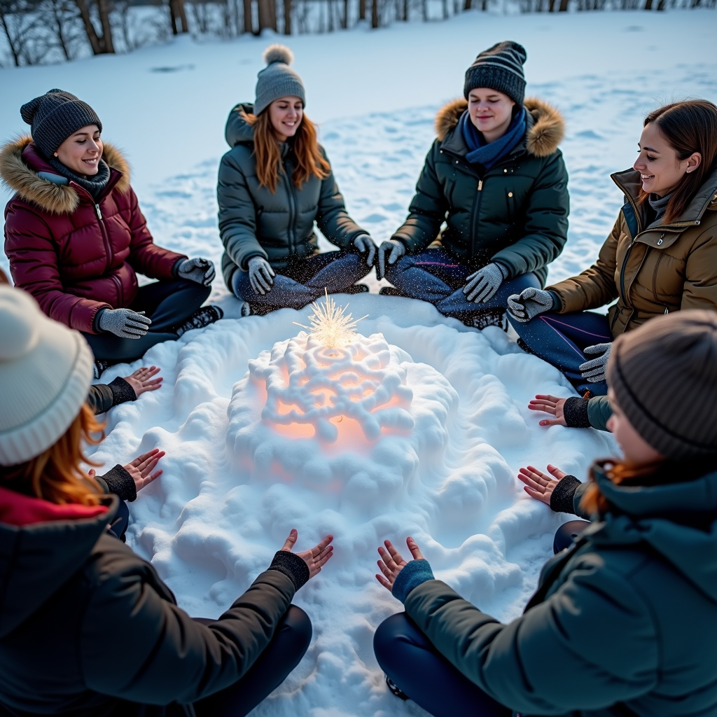 A group of people in a circle, eyes closed, hands joined, visualizing swirling snowflakes and accumulating drifts in their minds