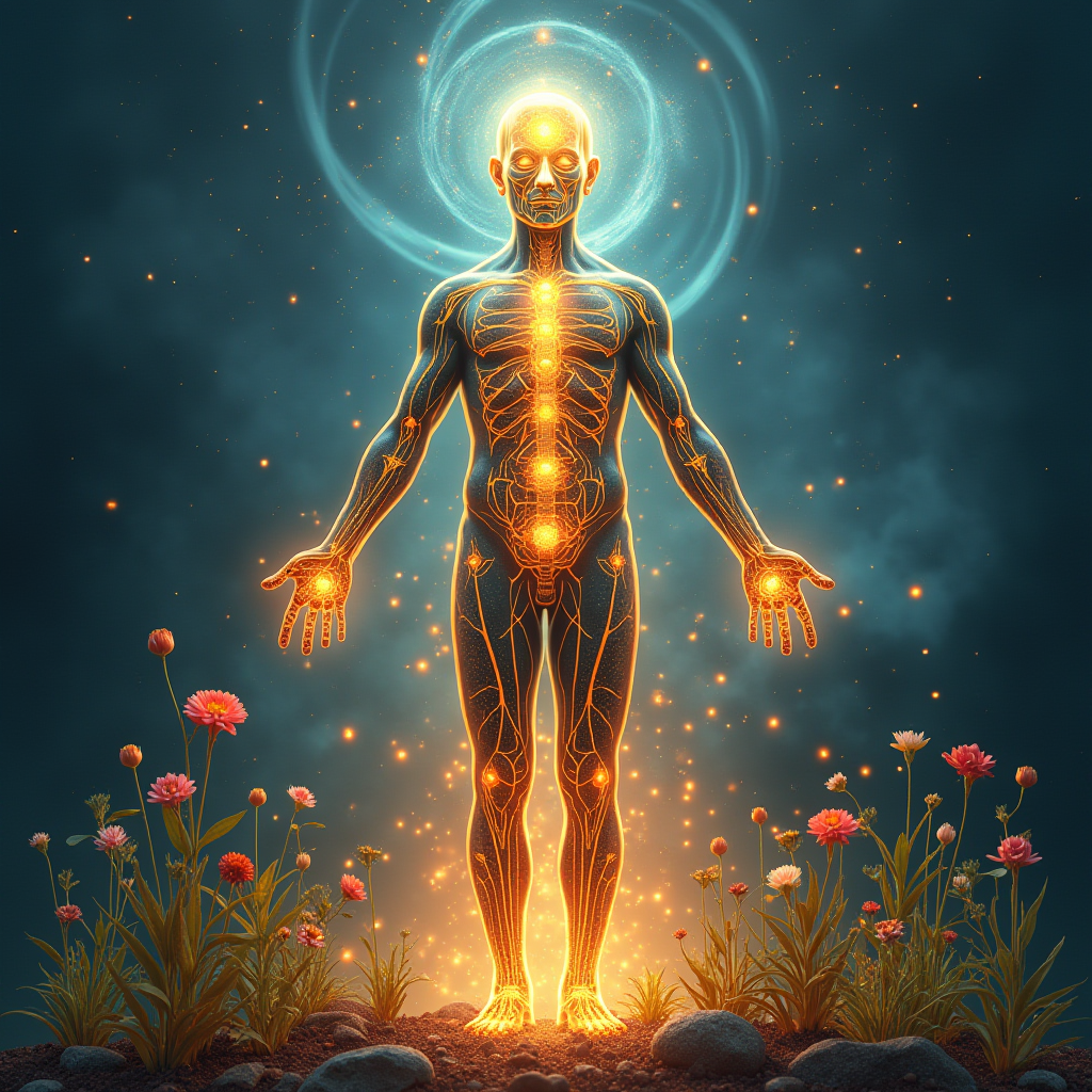 A human body with visible chakras, surrounded by healing herbs, crystals, and swirling energy representing wellness manifestation