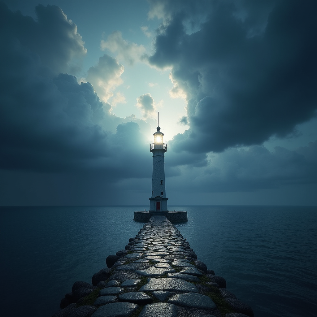 A lighthouse beam of unwavering faith cutting through storm clouds of doubt, illuminating a path to a shimmering, manifestation-filled horizon