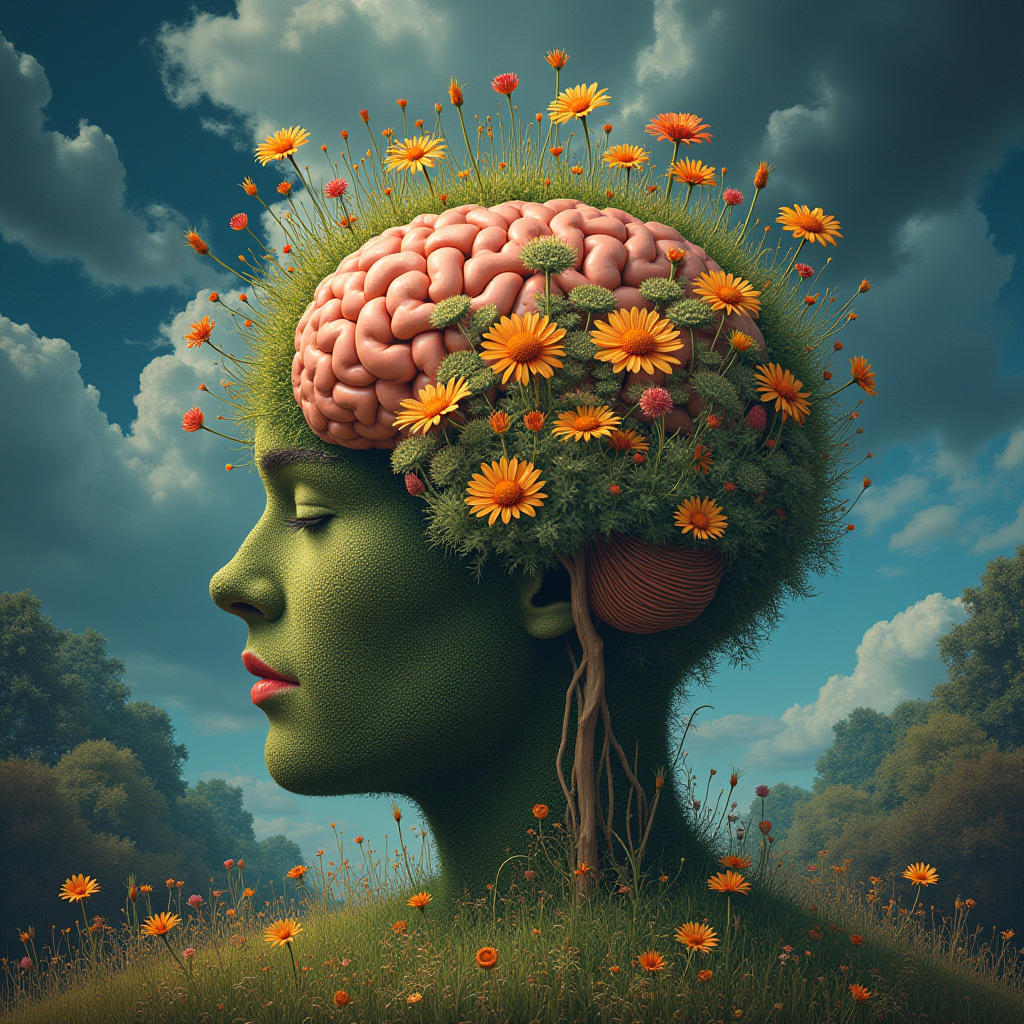 A lush garden of positive thoughts blooming from a human brain, with dark clouds of negativity dissipating in the background, surrealist art style