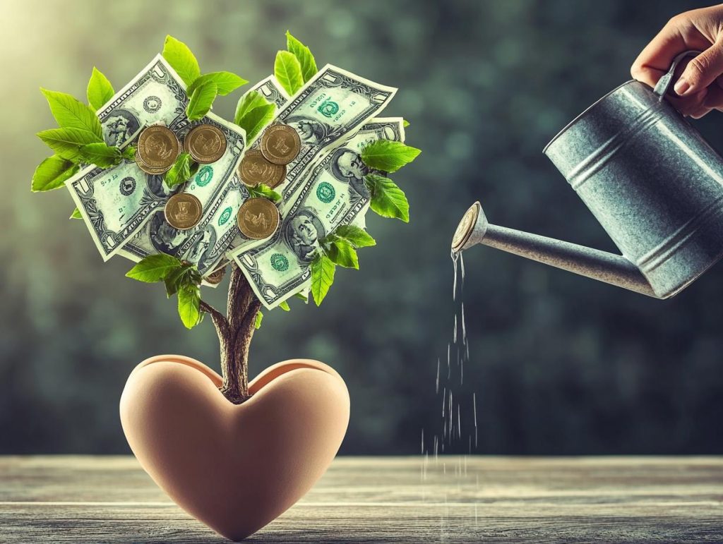 A lush money tree growing from a heart-shaped pot, with leaves made of crisp dollar bills and coins