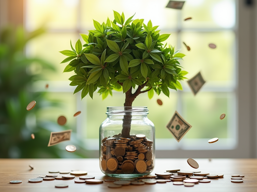 A lush money tree growing in a crystal-clear jar, with coins and bills raining down in a sunlit room