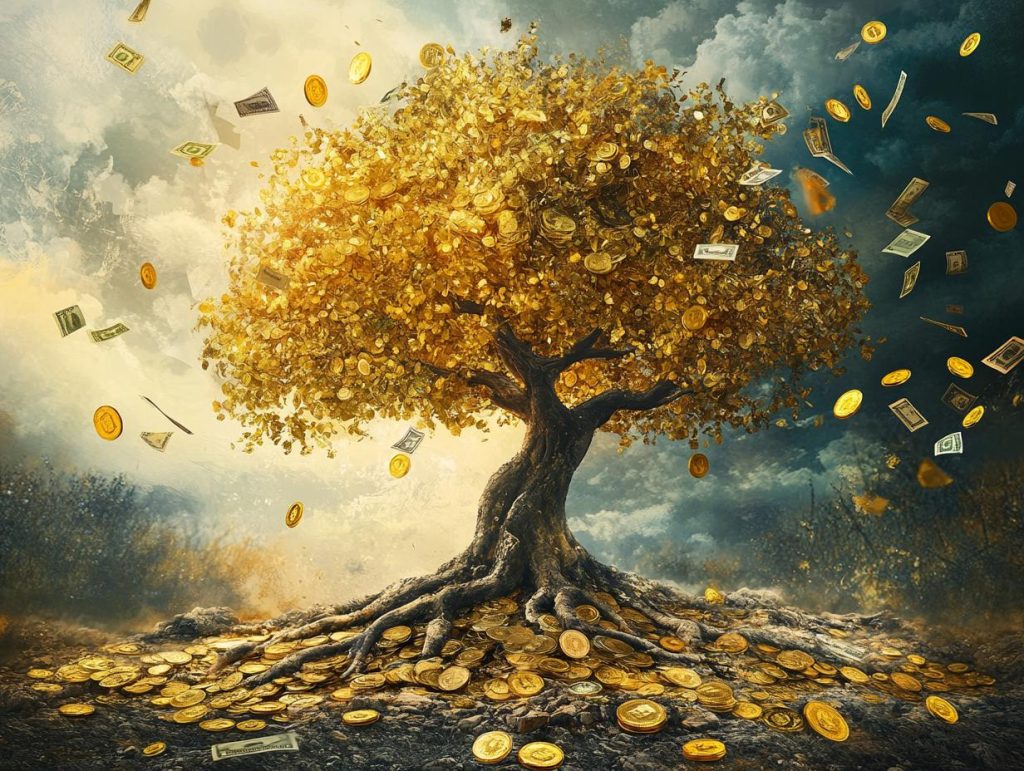 A majestic tree with roots made of gold coins, branches reaching towards the sky, and leaves falling