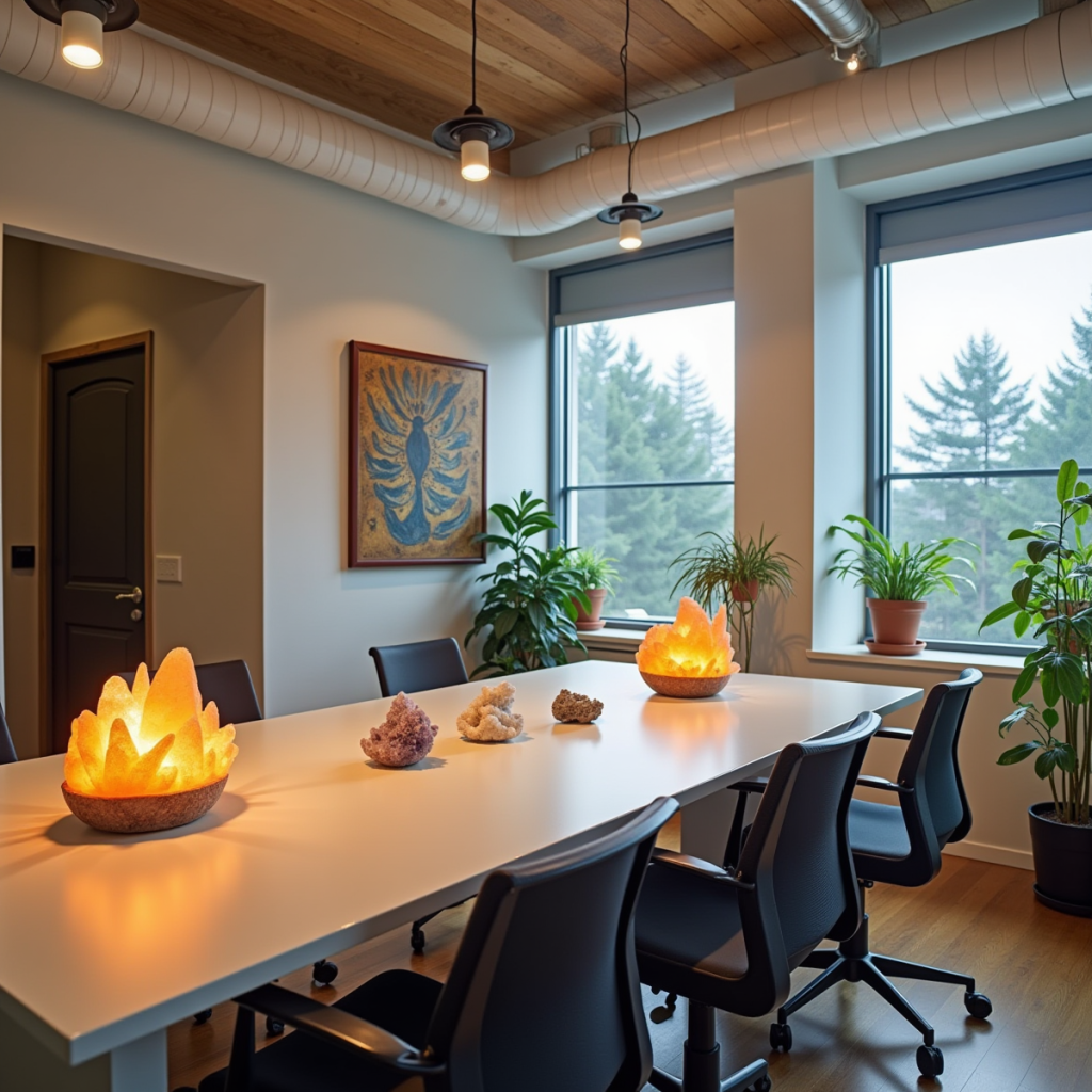 A modern office space transformed with crystal clusters, salt lamps, and plants, creating a harmonious work environment