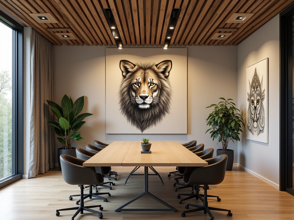 A modern office space with subtle spirit animal imagery integrated into decor