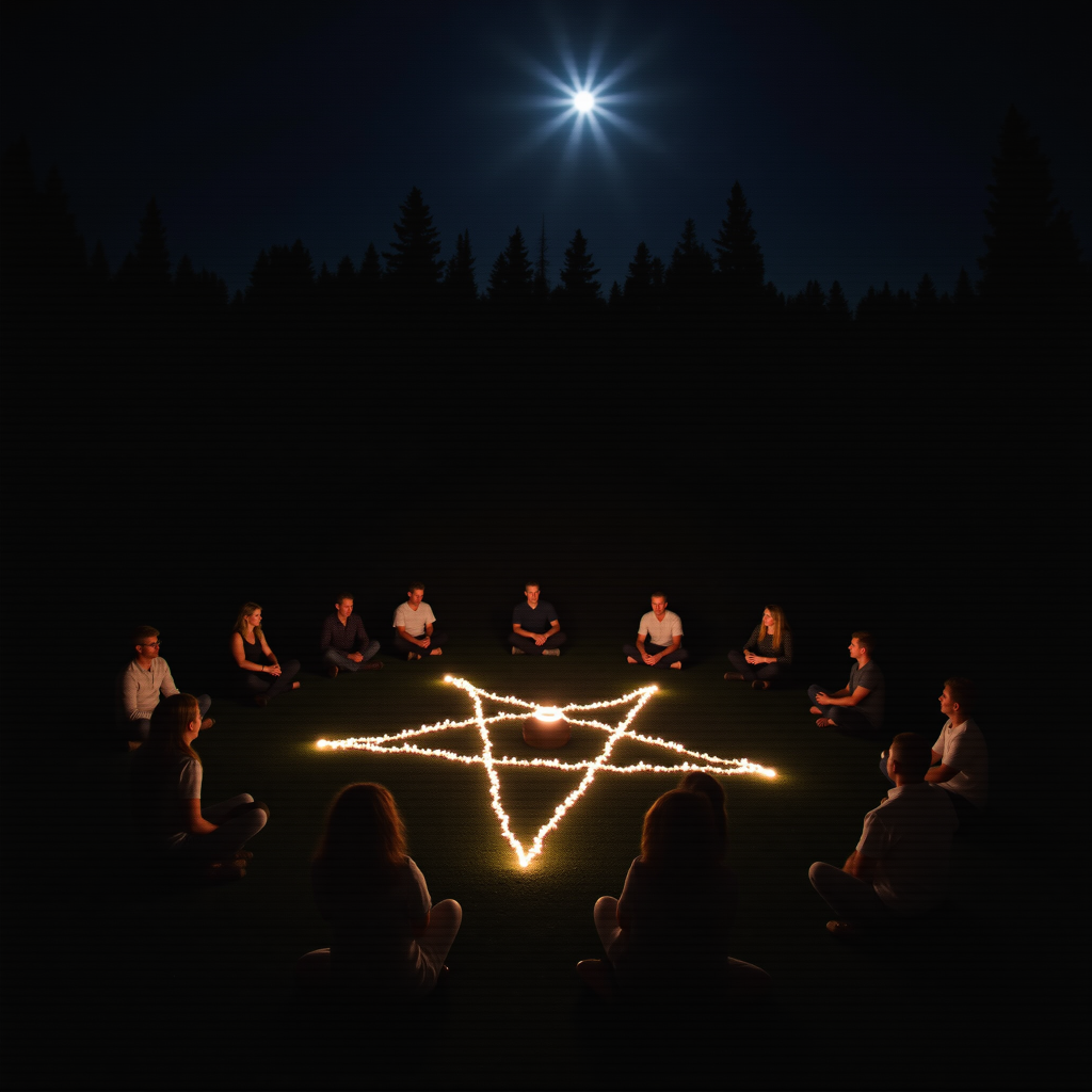 A moonlit ritual circle in a forest clearing, with participants holding large crystals and forming a human pentagram