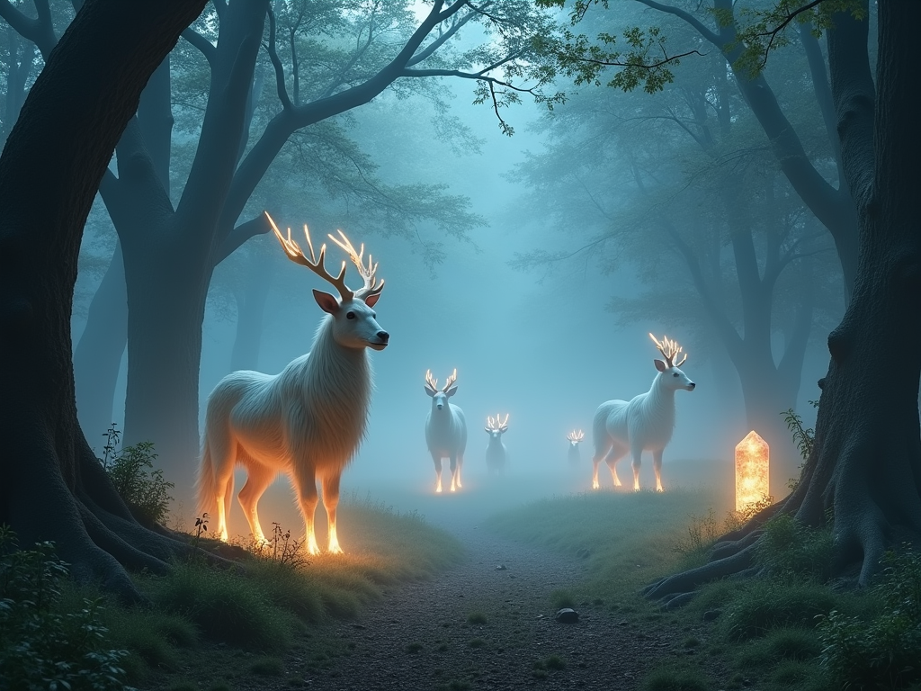 A mystical forest clearing with shimmering spirit animals emerging from mist