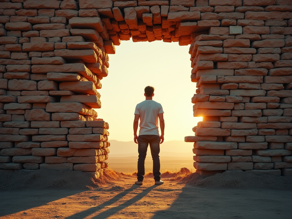 a man standing in the doorway of a new beginning