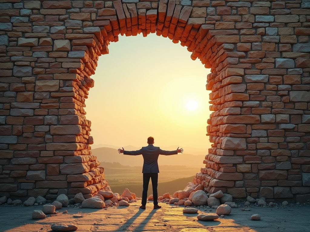 A person breaking through a brick wall, revealing a bright, limitless landscape on the other side