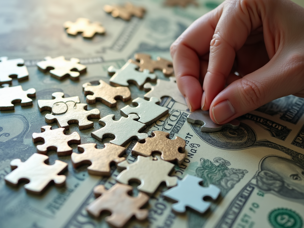 A person carefully arranging puzzle pieces of different income streams, forming a complete picture