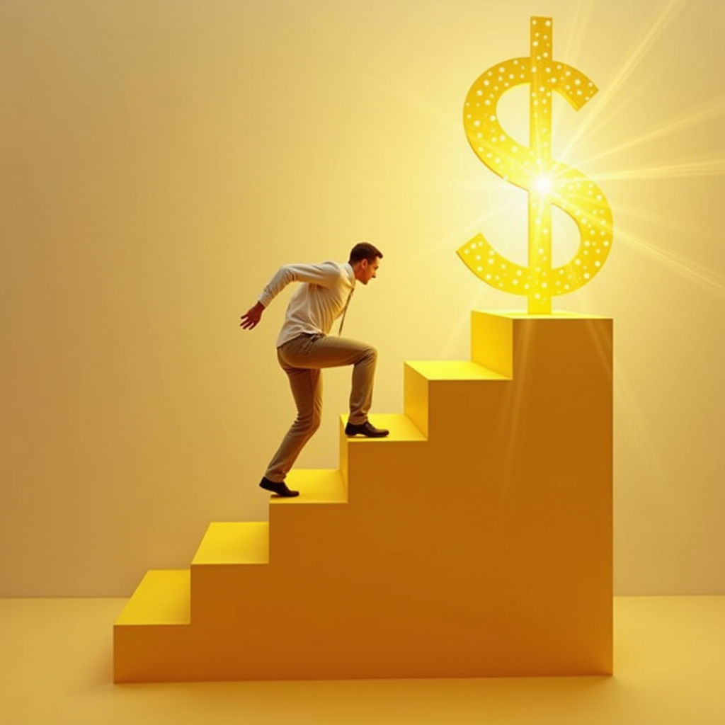 A person climbing a golden staircase, each step representing a career milestone, with a shining success symbol at the top