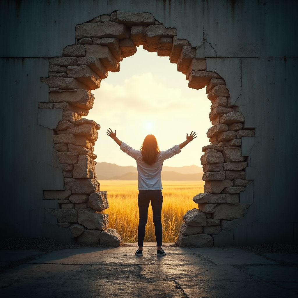 A person confidently breaking through a wall of limiting beliefs, revealing a bright, opportunity-filled landscape on the other side, dramatic lighting, wide-angle shot