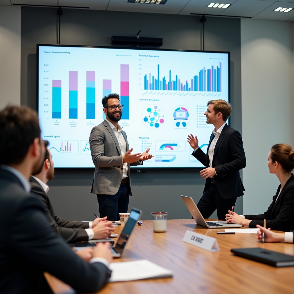 A person confidently presenting their ideas in a modern boardroom, with supportive colleagues and a backdrop of colorful charts and graphs