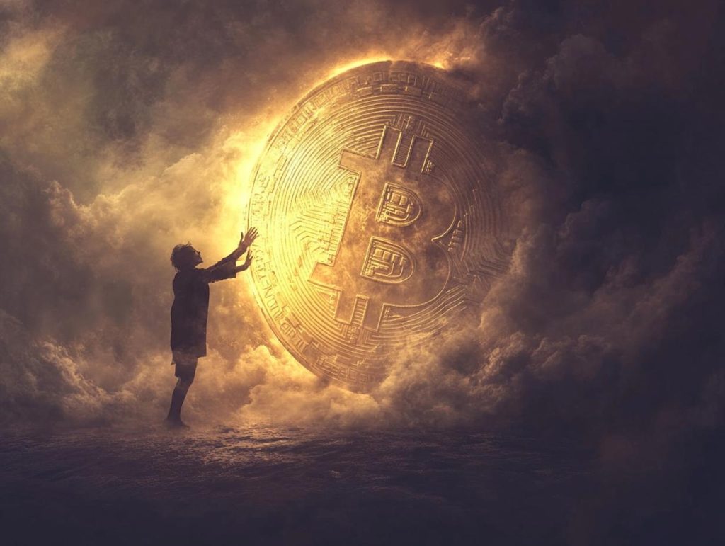 A person embracing a giant, glowing coin, releasing dark clouds labeled with financial traumas