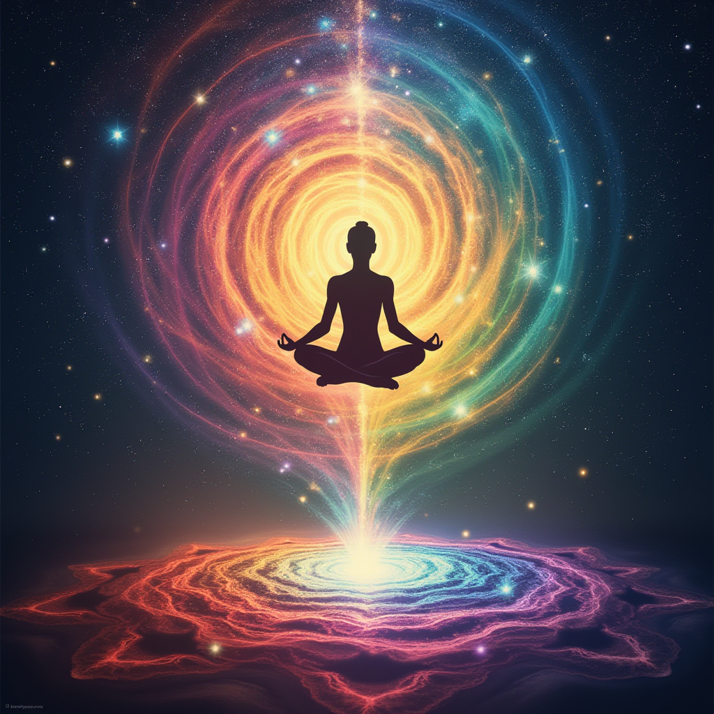 A person levitating in a meditation pose, surrounded by a rainbow aura, with spiraling energy connecting them to the universe