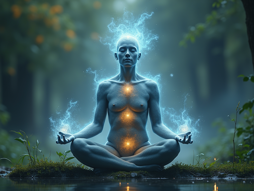 A person meditating in lotus position, translucent animal spirits swirling around them