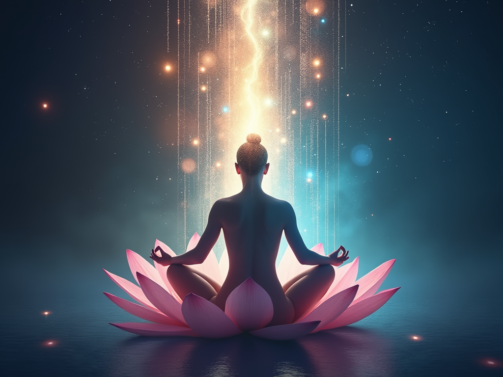 A person meditating on a lotus flower, connected to the cosmos by streams of ethereal light