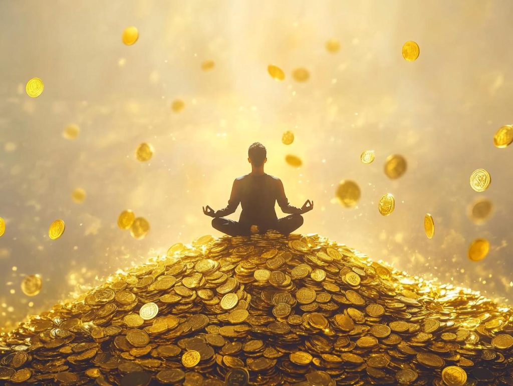 A person meditating on a mountain of gold coins, radiating a peaceful aura