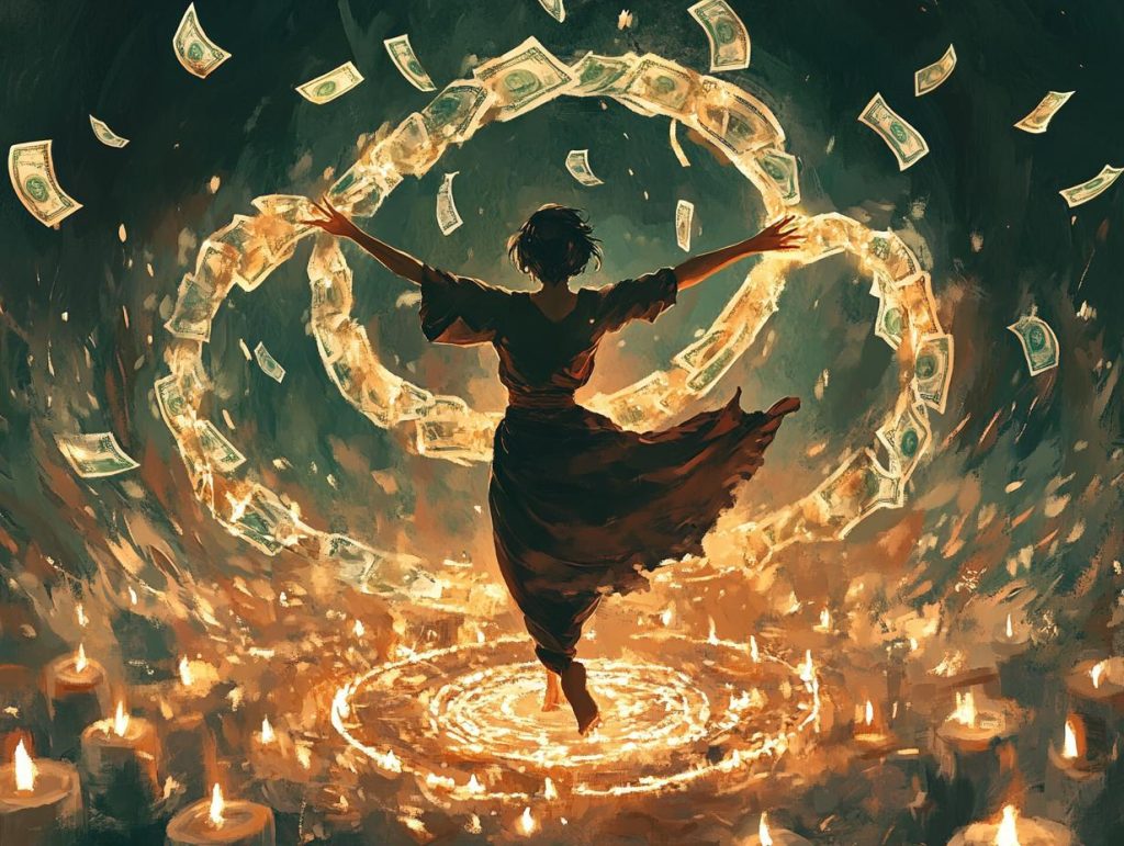 A person performing a graceful dance with flowing ribbons of money