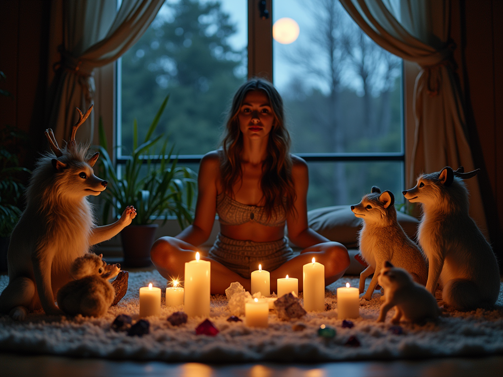 A person performing a new moon ritual, surrounded by spirit animal totems, candles, and crystals