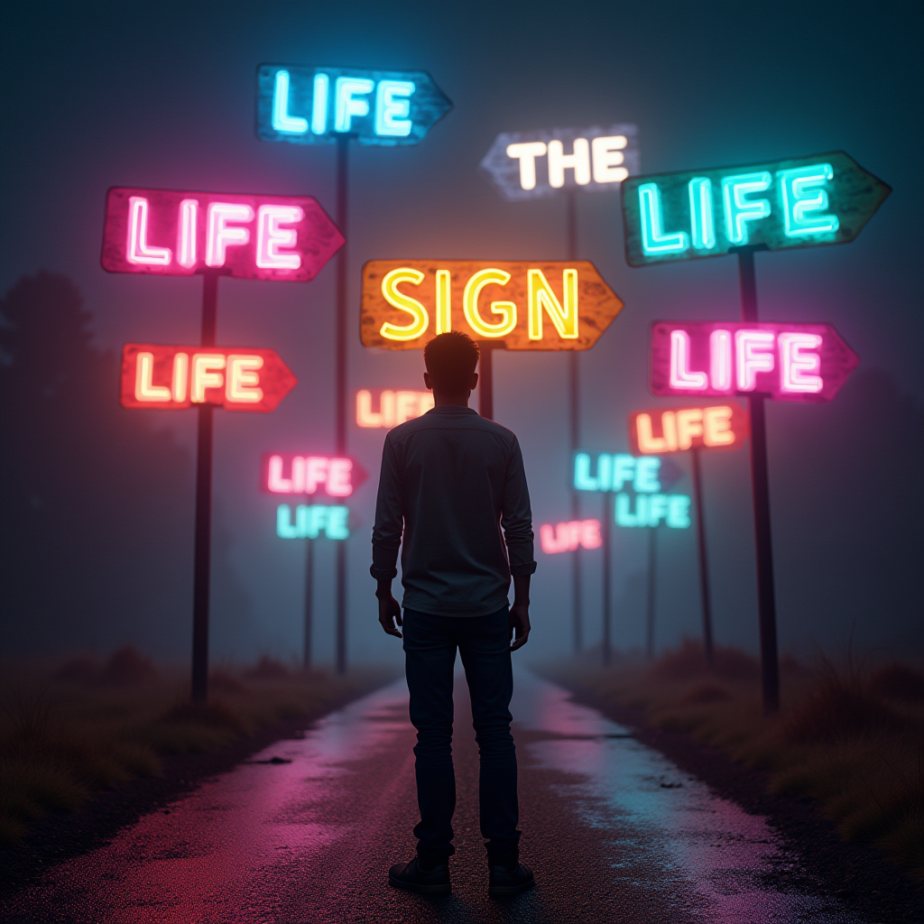 A person standing at a crossroads, surrounded by neon signs pointing to different life paths, with a magnifying glass focused on the clearest, brightest sign