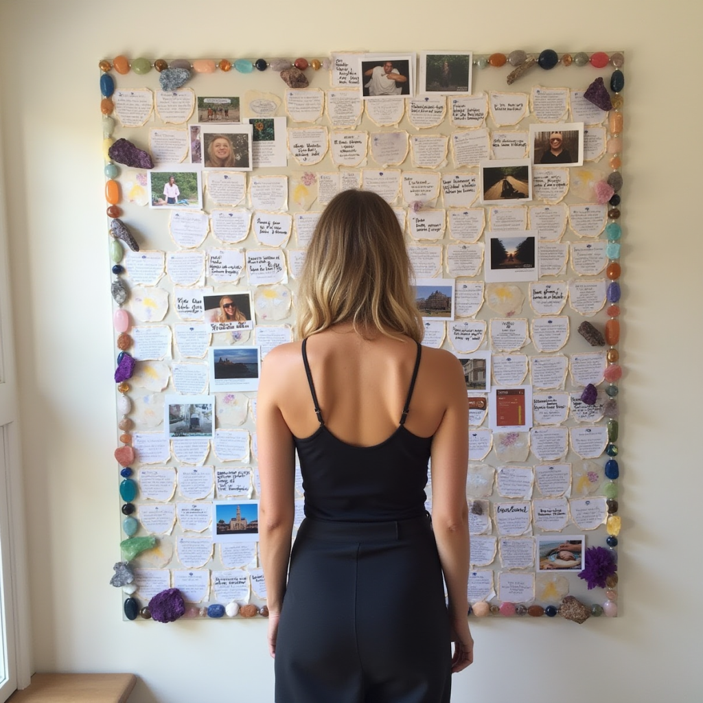 A person standing before a floor-to-ceiling vision board covered in images, affirmations, and carefully placed crystals