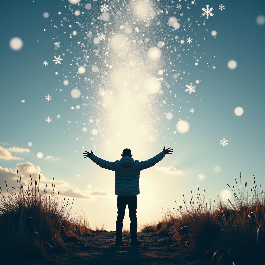 A person standing on a hilltop, arms outstretched, radiating positive energy as snowflakes begin to materialize around them